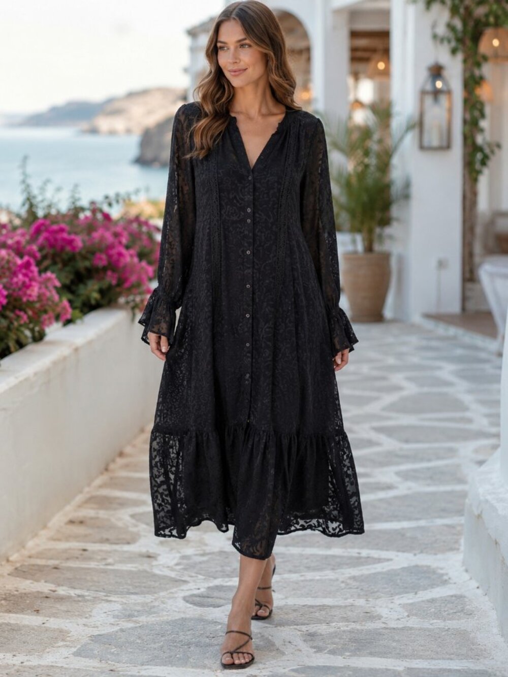 Uterque Floral Embroidered Crochet Lace Black Midi Dress S